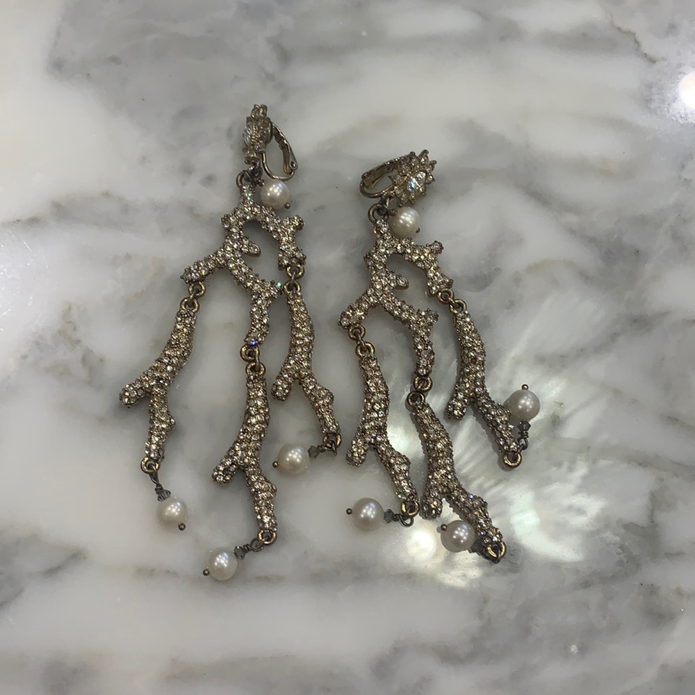 Ornate coral earrings with teardrop pearls